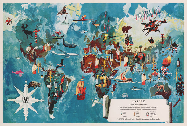 Vintage World Map - UNICEF: A New World for Children by Nicola Simbari, 1960s
