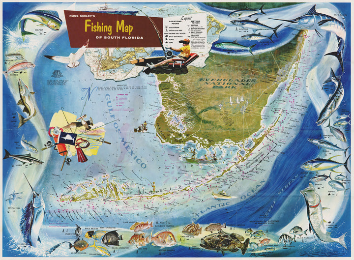 Vintage Pictorial Map: Russ Smiley’s Fishing Map of South Florida 1971