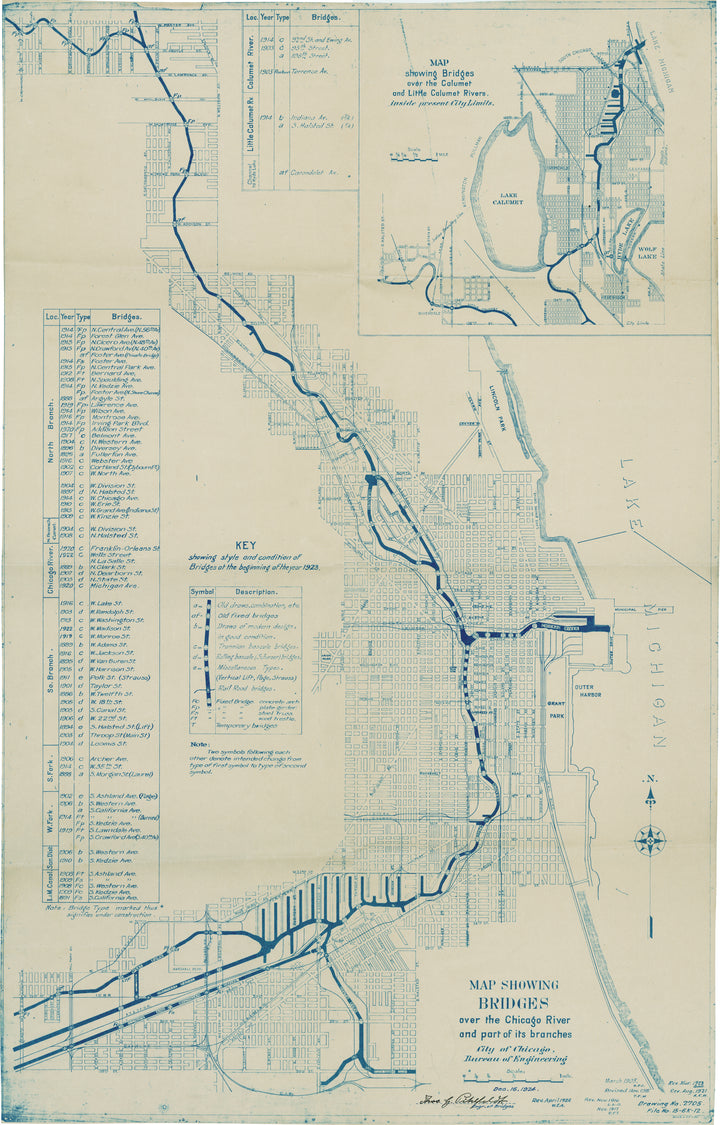Map Showing Bridges over the Chicago River and Part of Its Branches, 1905 - 1924
