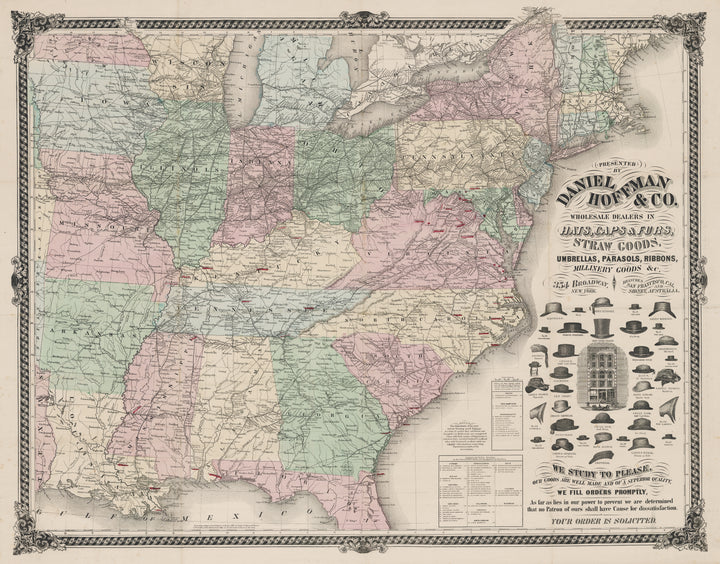 Mid-19th century Ensign, Bridgman & Fanning antique railroad map of the United States, featuring a Hoffman & Co. Advertisement
