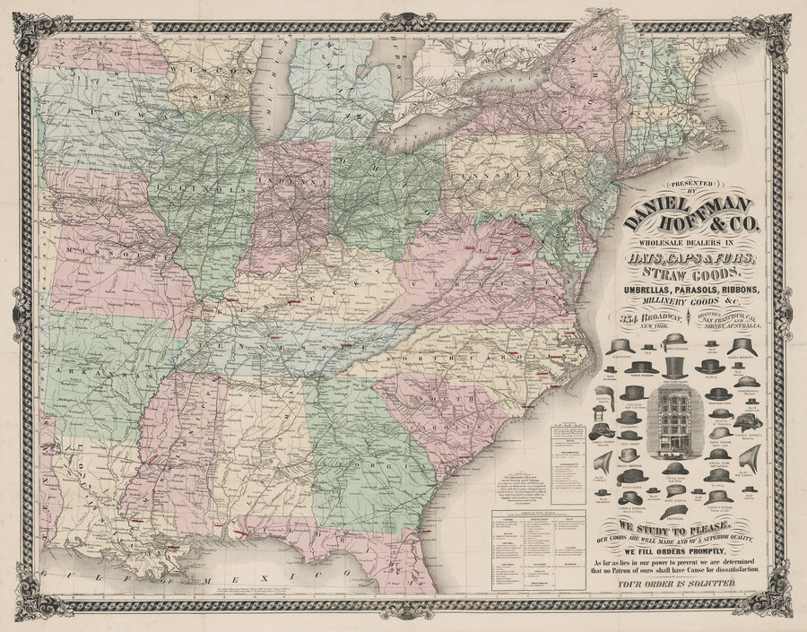 Mid-19th century Ensign, Bridgman & Fanning antique railroad map of the United States, featuring a Hoffman & Co. Advertisement
