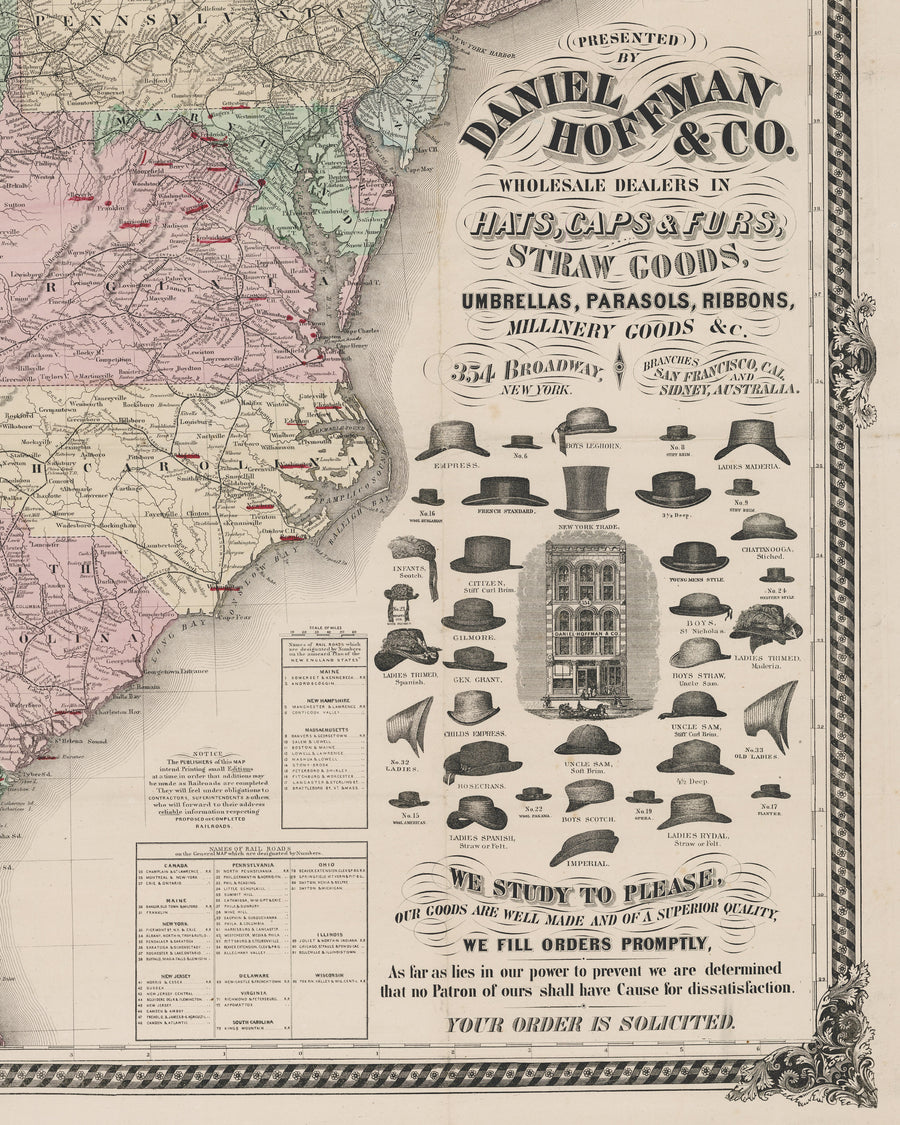 1856 (Untitled) Mid-19th Century Railroad Map of the United States featuring a Fashion Advertisement