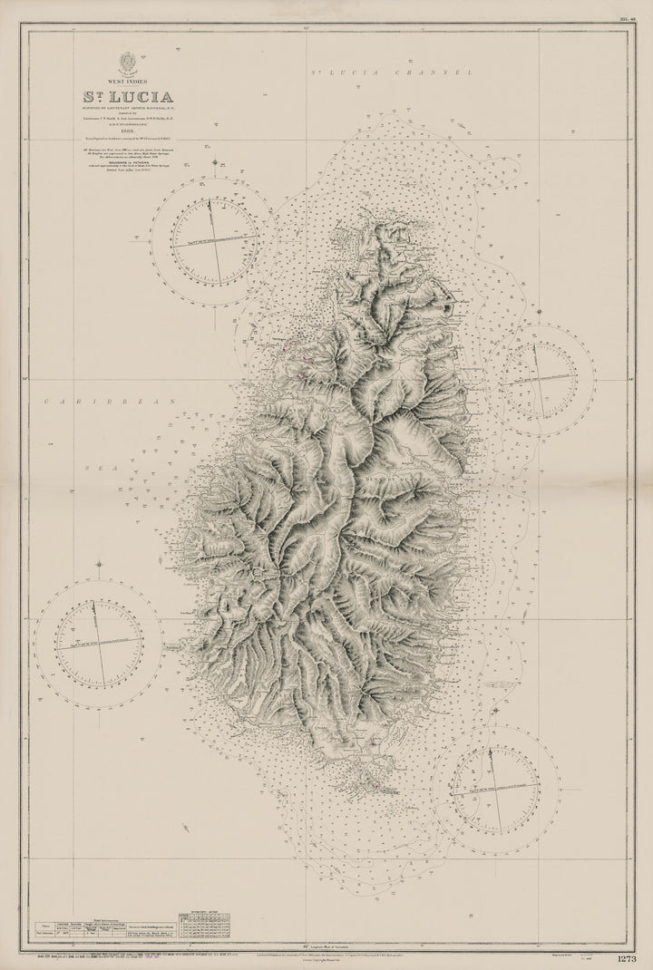 Antique Nautical Chart of St. Lucia by: British Admiralty 1889 / 1947 