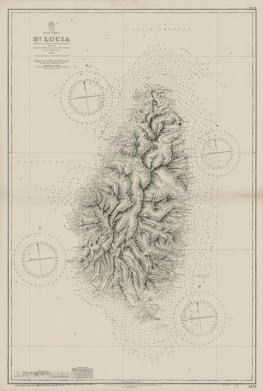 Antique Nautical Chart of St. Lucia by: British Admiralty 1889 / 1947 