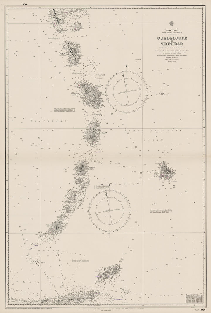 Antique Nautical Chart: Guadeloupe to Trinidad - West Indies By British Admiralty