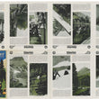 Load image into Gallery viewer, A vintage Glacier National Park brochure or map spread laid out flat, showing multiple black-and-white landscape photographs, scenic panels, blocks of text, and a colorful illustrated poster in the lower left with a car and mountains.
