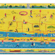 Load image into Gallery viewer, A colorful illustrated map poster of Daytona Beach International Airport, featuring a bright yellow background, blue waterways, and whimsical drawings of airport terminals, planes, penguins, and beach scenes.
