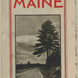 Load image into Gallery viewer, Vintage paper map cover titled 'Route and Pictorial Map of MAINE' with a central black-and-white landscape photo of a road and tree, red border lines, and text reading 'Issued by the State Highway Commission Augusta, Me. 1934-35.
