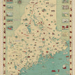 Load image into Gallery viewer, Vintage-style illustrated map poster of Maine, showing the coastline, rivers, towns, ships, and small scenic panels around the border on a cream background.
