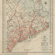 Load image into Gallery viewer, Vintage map poster of Maine, USA, showing detailed road networks, topographical features, and a small historical advertisement at the bottom left.
