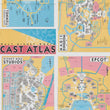 Load image into Gallery viewer, A vintage-style cast atlas poster for Walt Disney World, featuring four colorful map panels: Magic Kingdom, Epcot, Disney-MGM Studios, and the Park Life Tunnel. The maps use pastel yellow, pink, blue, gray, and white with black text and labels.
