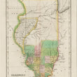 Load image into Gallery viewer, A vintage map of Illinois showing geographical, statistical, and historical details with hand-colored regions in green, yellow, pink, and orange on an aged beige background.
