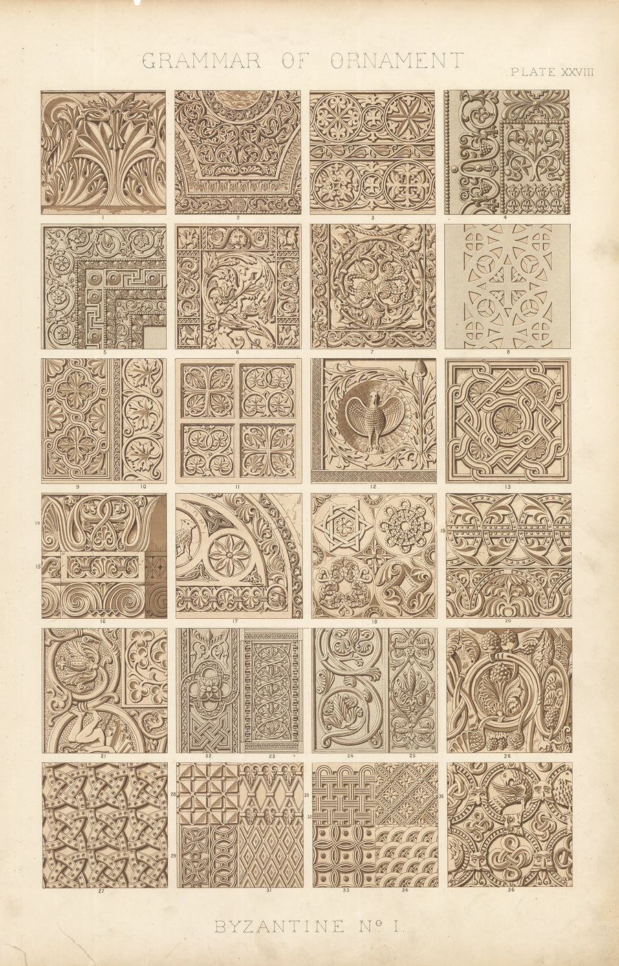 Antique Lithograph Print: Grammar of Ornament by Owen Jones, 1st edition 1856 - Byzantine No.1, Plate XXVIII