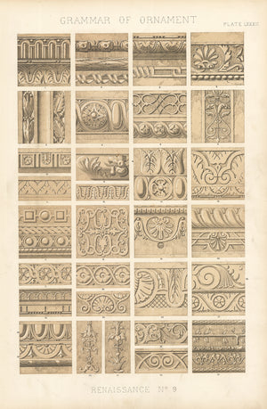 Antique Lithograph Print: Grammar of Ornament by Owen Jones, 1st edition 1856 - Renaissance No.9, Plate LXXXII