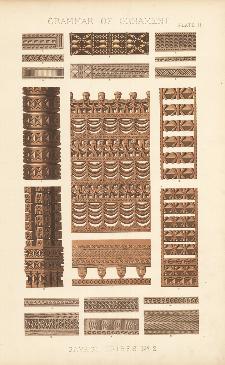 Antique Lithograph Print: Grammar of Ornament by Owen Jones, 1st edition 1856 - Savage Tribes No.2, Plate II