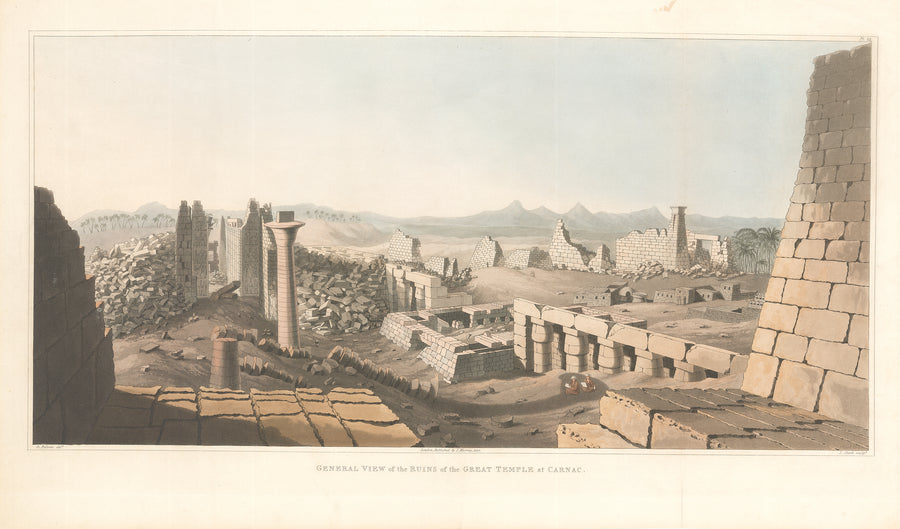 Antique Lithograph Print: Plates Illustrative of the researches and operations of G. Belzoni in Egypt and Nubia By Giovanni Belzoni, 1st edition 1820 - General View of the Ruins of the Great Temple at Carnac, Plate 24.