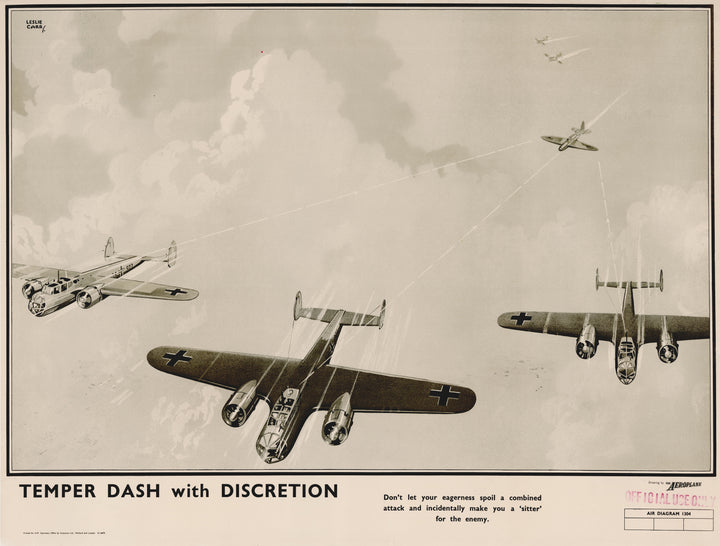 Royal Air Force WWII Pilot Training Poster: TEMPER DASH with DISCRETION By: Leslie Carr / RAF, 1940-42 