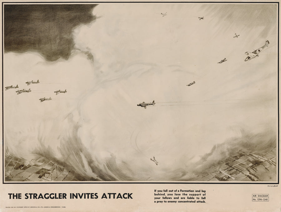 Royal Air Force WWII Pilot Training Poster: THE STRAGGLER INVITES ATTACK By: Max Millar / RAF, 1940-42 