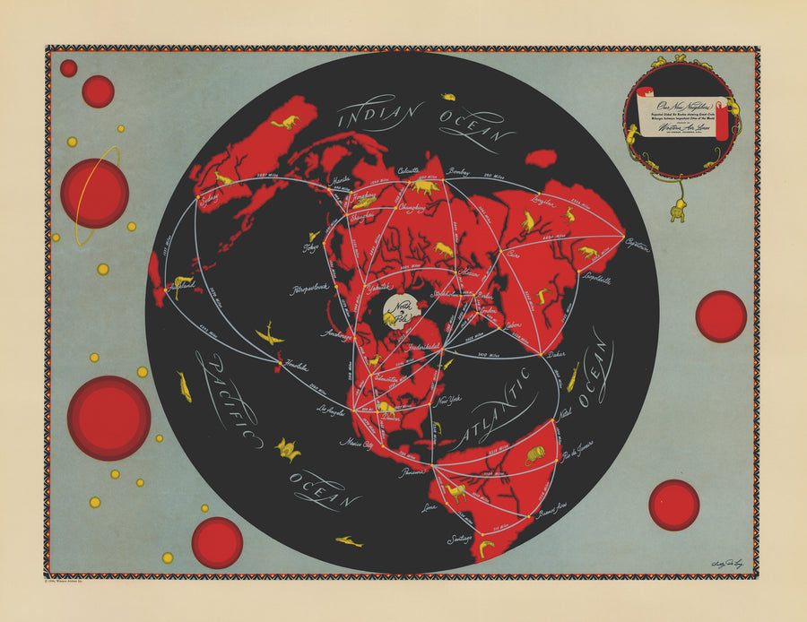 1944 Our New Neighbors | Projected Global Air Routes Showing Great Circle Mileage Between Important Cities of the World