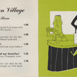Load image into Gallery viewer, A vintage printed menu or booklet page for 'Hawaiian Village' showing a list of rum and cocktail concoctions on the left and a stylized illustration on the right, with a light gray background around the page.
