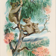 Load image into Gallery viewer, Cover of the S.S. Matsonia's dinner menu featuring an illustration of three koalas nestled among green eucalyptus leaves and pink blossoms on a tree branch, with a soft blue sky and distant hills in the background.
