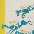 Load image into Gallery viewer, Front cover of a vintage racing card print with stylized teal horses and riders carrying yellow-and-white checkered bags, plus the vertical text 'RACE CARD' on the right side.
