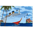 Load image into Gallery viewer, A postcard featuring an illustration of the S.S. Matsonia sailing on blue water with palm trees and a partly cloudy sky behind a smaller, manually operated vessel made of wood sailing beside it.
