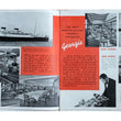 Load image into Gallery viewer, An open vintage cruise brochure spread showing black-and-white photographs, red text blocks, and printed articles of the cruise's amenities.
