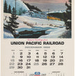 Load image into Gallery viewer, Vintage Union Pacific Railroad calendar page from December 1968, featuring a winter mountain landscape illustration with a train above a printed calendar grid and railroad centennial text.
