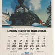 Load image into Gallery viewer, Vintage January 1969 Union Pacific Railroad calendar page featuring a large illustration of a steam locomotive pulling a passenger train through a snowy mountain pass, with a monthly calendar grid and commemorative text below.
