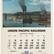 Load image into Gallery viewer, Vintage Union Pacific Railroad calendar page for March 1969, featuring a watercolor illustration of a bridge and boats with the railroad logo and a multilingual centennial calendar grid below.
