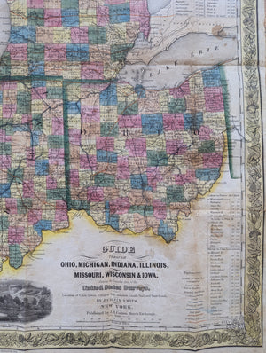 Guide through Ohio, Michigan, Indiana, Illinois, Missouri, Wisconsin & Iowa Showing the township lines of the United States Surveys, Location of Cities, Towns, Villages, Post Hamlets, Canals, Rail and Stage Roads. Map By: J. Calvin Smith  Published By: James H. Colton  Date: 1840