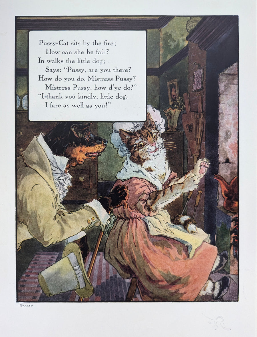 Antique Nursery Rhyme Print "Pussy-Cat Sits by the Fire"