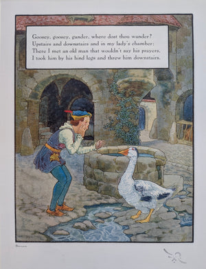 Antique Nursery Rhyme Print "Goosey Goosey Gander"