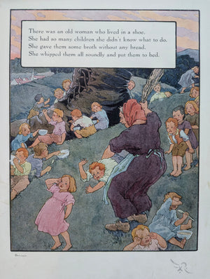 Antique Nursery Rhyme Print "There was an Old Woman who Lived in a Shoe"