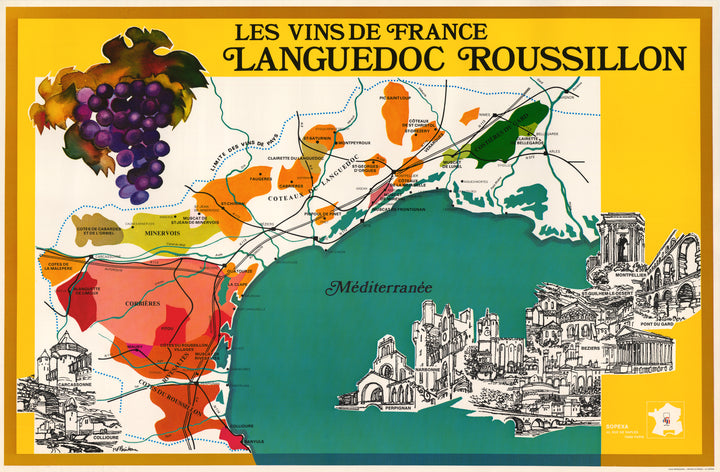 Vintage Wine Poster / Map of the South of France : Les Vins de France Languedoc Roussillon By: Sopexa Date: 1970s