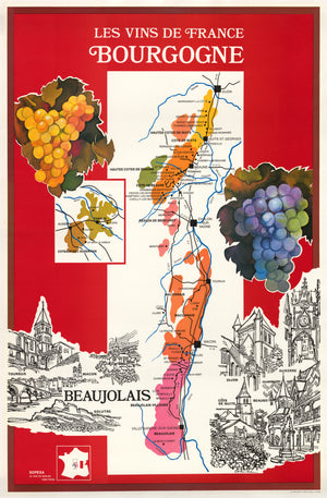 Vintage Wine Poster / Map of Burgundy France : Les Vins de France - Bourgogne By: Sopexa Date: 1970s 