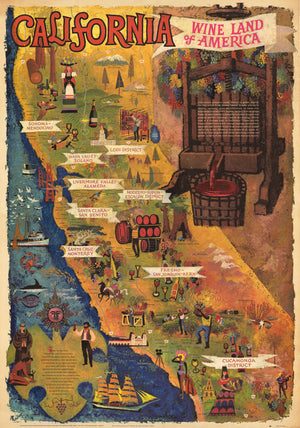Vintage Pictorial Map of California's Wine Regions : California Wine Land of America By: Amado Gonzalez Date: 1970s