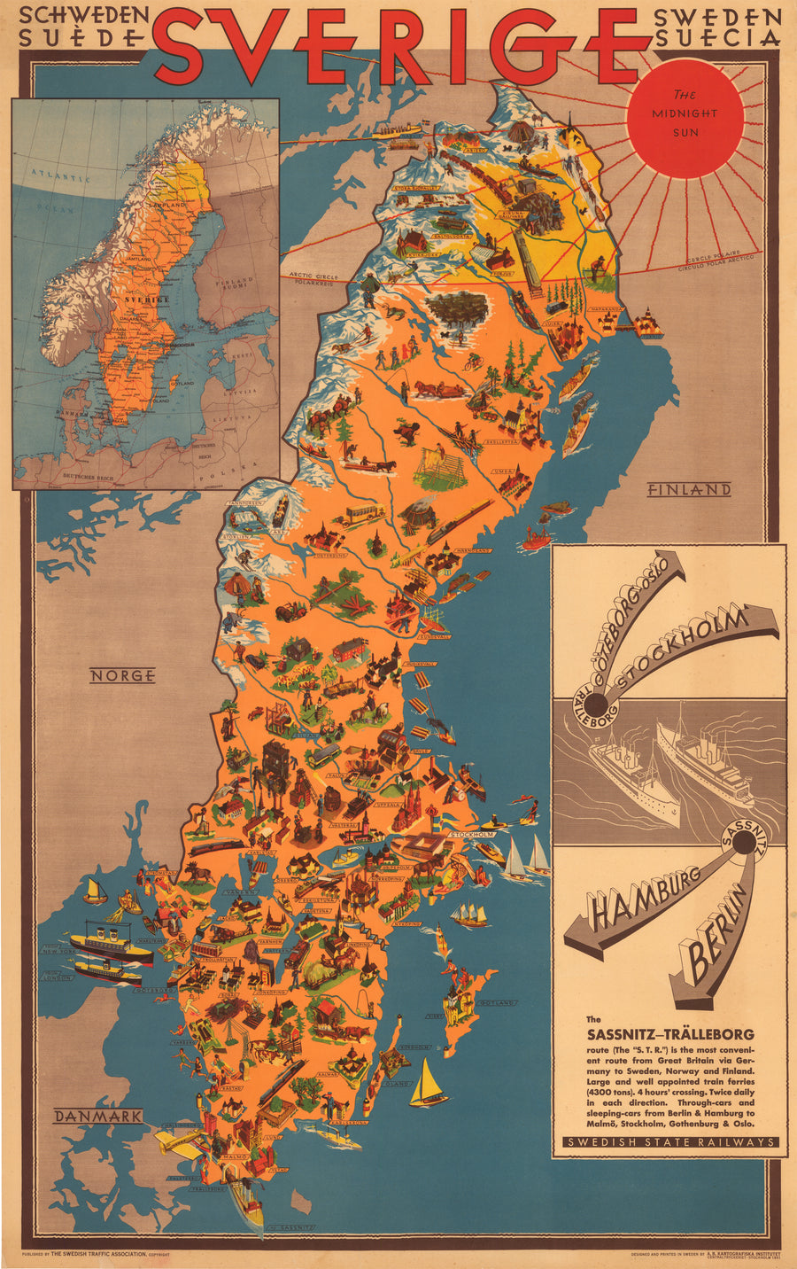 Vintage Travel Poster Schweden Suede Sverige Sweden Suecia By: A.B. Kartografiska Institutet Date: 1931 
