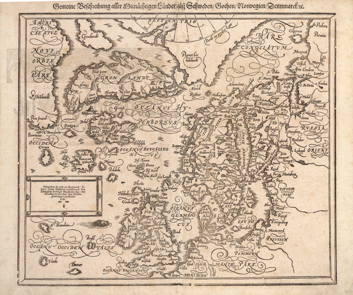 Antique Map of the British Isles, Scandinavia, Iceland, Greenland - Gemeine Beschreibung Aller Mitnachtigen Lander/alsz Schweden/Goten/ By: Sebastian Munster Date: 1588