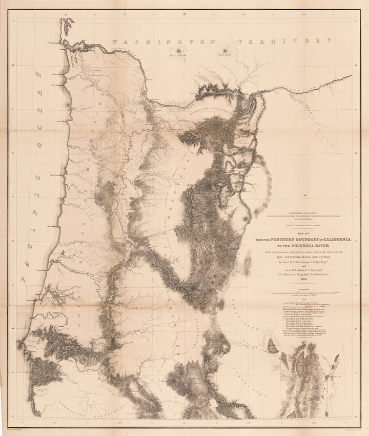 New World Cartographic | Map No. 2 From the Northern Boundary of California to the Columbia River from explorations and surverys made under the direction of Hon. Jefferson Davis. Sec. of War By: by Lieuts. R.S. Williamson and H.L. Abbot Date: 1855 