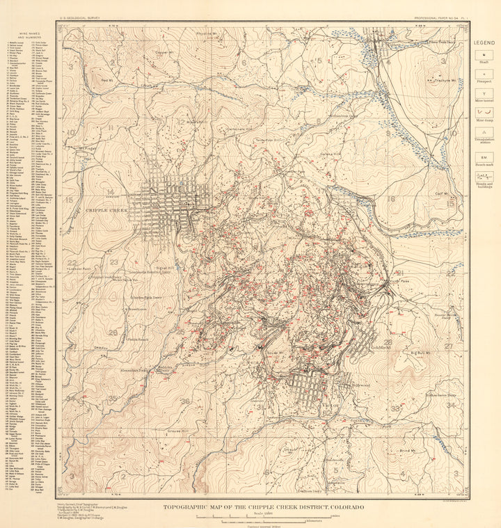 New World Cartographic : Antique Gold Rush Map of Cripple Creek, Colorado - Topographic Map of the Cripple Creek District, Colorado By: E.M. Douglas / USGS Date: 1904 