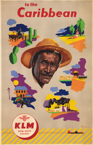 Vintage mid-century, art decco travel poster for KLM Royal Dutch Airlines to the Caribbean