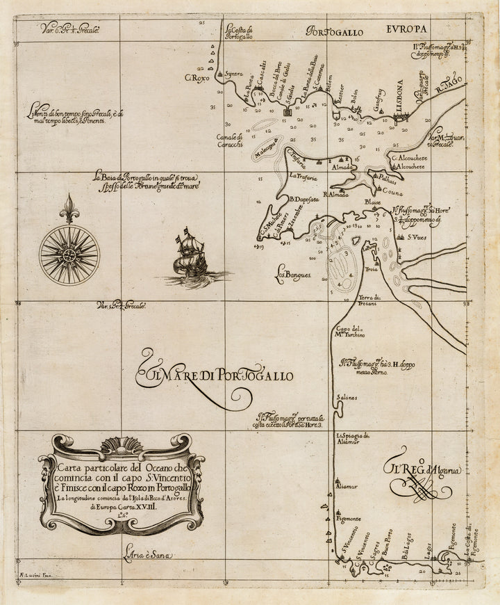 Antique Nautical Map of Portugal by Sir Robert Dudley, 1646 : Carta particolare del Oceano che comincia con il capo S. Vincentio...