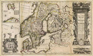 Antique Map : A new and exact map of Sweden and Norway : corrected from the best observations communicated to ye Royal Society at London & the Royal Academy at Paris &c. by Emanuel Bowen, 1717