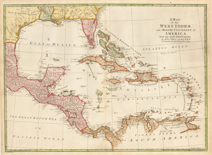 A Map of the West Indies and Middle Continent of America from the Latest Observations By: John Blair Date: 1779