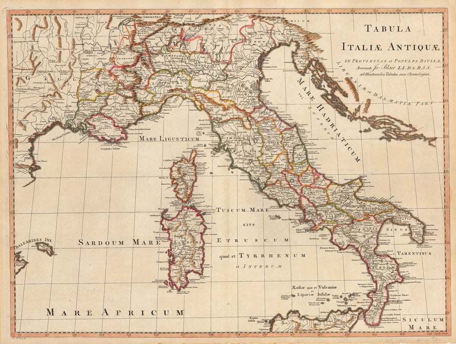 Old Map of Italy - Tabula Italiae Antiquae In Provincias et Populos Divisa... Blair, 1779