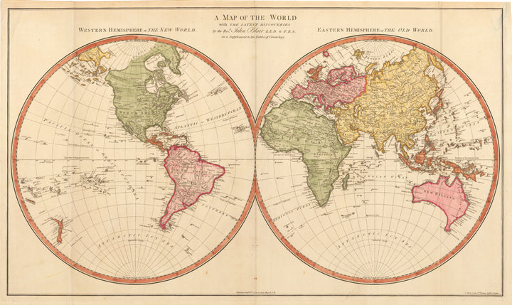 Antique Double Hemisphere World Map - A Map of the World with the Lastest Discoveries... By: John Blair Date: 1779