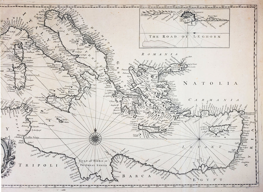 A Correct Chart the Mediterranean Sea, from the Straits of Gibraltar to the Levant; From the latest and best Observations: For Mr. Tindal's Continuation of Mr. Rapin's History. by: Seal, 1745
