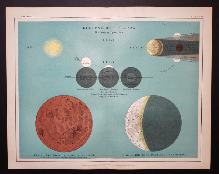 Popular Astronomy By: William & Alexander Keith Johnston Date: 1903 | Plate VI of Thomas Heath's Popular Astronomy focuses on the Eclipse of the moon through four illustrative figures. the Johnston brothers illustrate the moon in opposition, the causes of different lunar eclipses, the moon in a total and partial eclipse. 